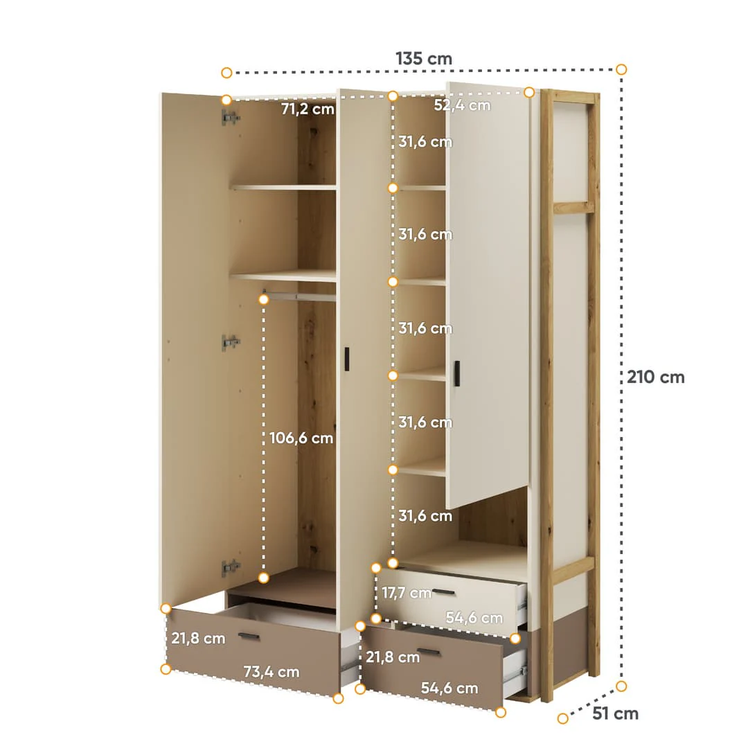 Lenny LY-01 Hinged Wardrobe 135cm - Image 4