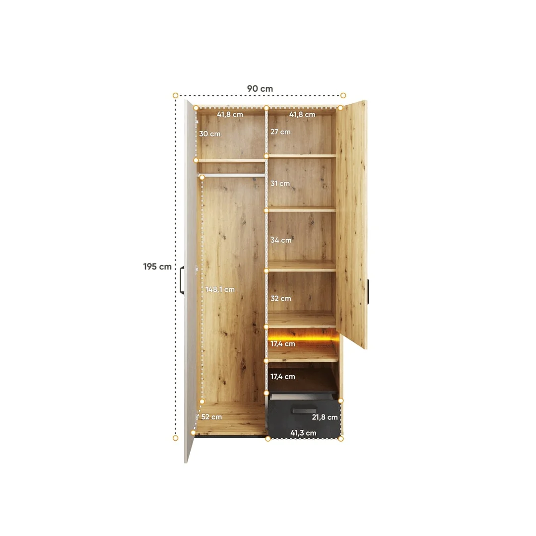 Qubic 03 Hinged Wardrobe 90cm with LED - Image 3